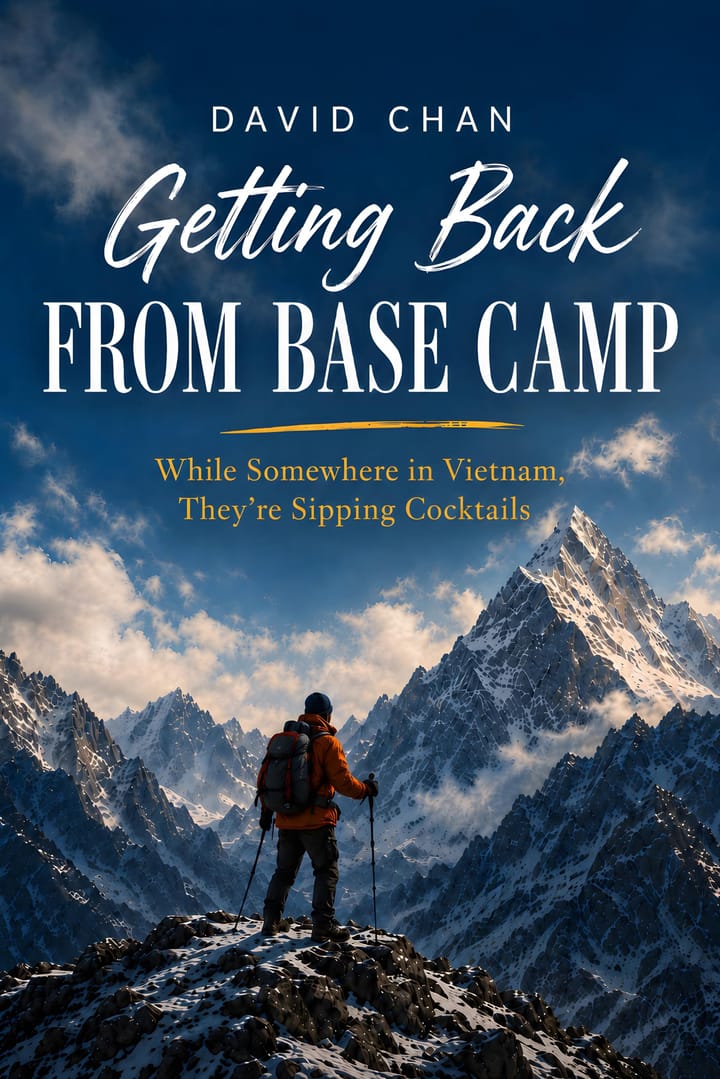 Book cover of Getting Back from Base Camp by David Chan: a trekker in an orange jacket looks out over snow-covered Himalayan peaks.